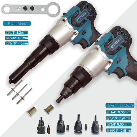 Heavy Duty 2 In 1 Electric Rivet Gun And Nutsetter Tool With Memory Mode featuring various nozzle sizes and accessories for versatile use.