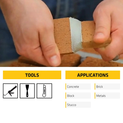 Hands applying Mortar Fix Go-To Sealant In Limestone Color For Repairing Damaged Mortar Joints And Gaps on brick surface.