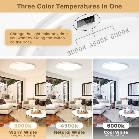 Ultra Slim 12 Inch LED Ceiling Light Panel Flush Mount Dimmable 3000K 4500K 6000K CCT Low Profile 24W with color switch