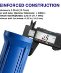 10 Inch Blue Whole House Water Filter Housing With Three Quarter Inch Brass Port Air Relief Valve Slim Two Point Five By Ten Inch Fits Standard Cartridges Housing Only Includes Wrench And Bracket with caliper showing thickness measurement