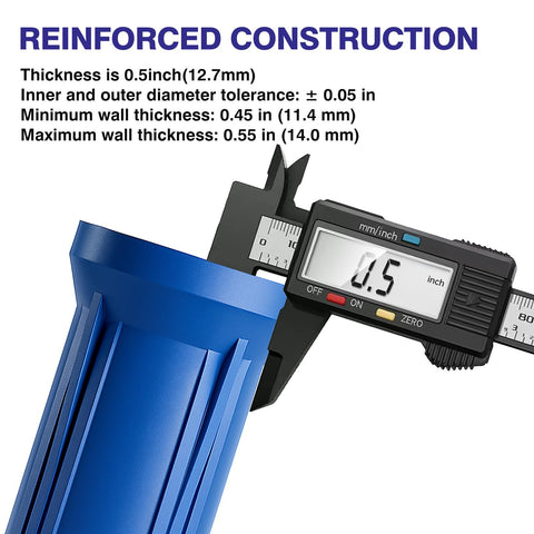 10 Inch Blue Whole House Water Filter Housing With Three Quarter Inch Brass Port Air Relief Valve Slim Two Point Five By Ten Inch Fits Standard Cartridges Housing Only Includes Wrench And Bracket with caliper showing thickness measurement