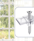 Close-up of 32 Pack Slick Clear Plastic Mirror Clips with Rock Solid Rust Resistant Metal Screws mounted on wall.