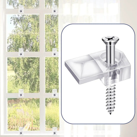 Close-up of 32 Pack Slick Clear Plastic Mirror Clips with Rock Solid Rust Resistant Metal Screws mounted on wall.
