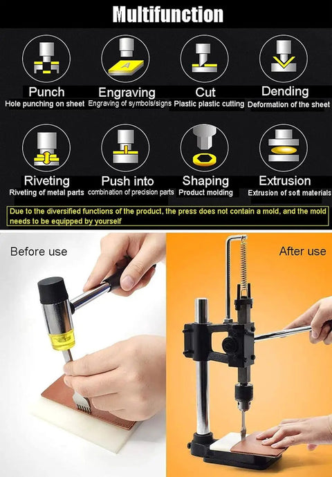 Heavy Duty Manual Arbor Press Machine With Ball Bearing Design includes before and after use images for riveting and stamping.