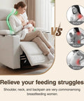 360 Degree Swivel Rocker Recliner Chair With Adjustable Armrests And Headrest, beige, woman nursing a baby, cup holder visible