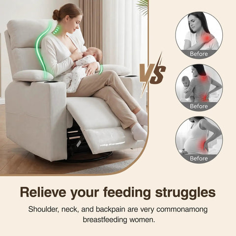360 Degree Swivel Rocker Recliner Chair With Adjustable Armrests And Headrest, beige, woman nursing a baby, cup holder visible