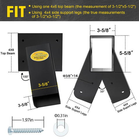 A-Frame Swing Set Brackets Kit With Four Beefy Swing Hangers And Heavy Duty Mounting Hardware shown with dimensions and screws