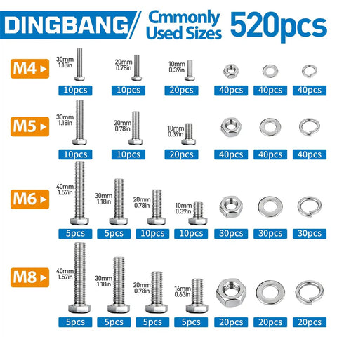 520 Piece M4 M5 M6 M8 Hex Bolts Nuts Washers All In One Dope Kit In 304 Stainless Steel With Lengths 10 To 40 Mm size chart