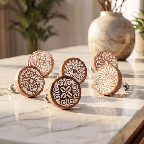 Boho Bulk Wooden Drawer Knobs Set With 300 Pieces, brown floral round cabinet knobs on marble surface, handmade quality