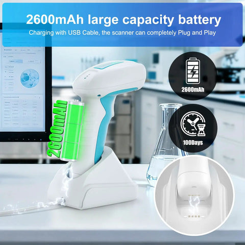 Beast Mode Industrial Barcode Scanner With Wireless 2D QR Capture And IP67 Waterproof Defense Built Tough For Warehouse Hustle and Rugged Daily Grinding On Every Job Site with 2600mAh battery on charging dock.