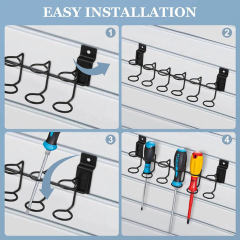Installation of 8 Pcs Slatwall Tool Organizer Racks Kit With Stainless Steel Multi Ring Holders for Screwdrivers and Small Tools