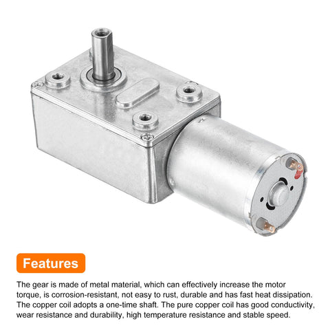 12V Worm Gear Motor 120 RPM Beefy Torque Reduction Drive with 6mm D Shaft in silver, side view