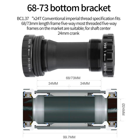 Illustration of a 68-73mm bottom bracket with detailed dimensions, featuring a 24mm spindle for road bike crankset.