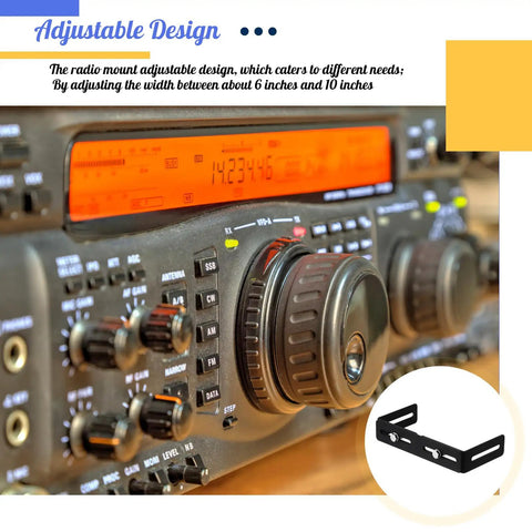 Adjustable Universal Mounting Bracket For CB And Ham Radios And Scanners, 6 To 10 Inch Width, shown with radio setup