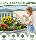 Child watering flowers and plants in Three Pack Galvanized Raised Garden Beds 4x2x1.5 Feet Outdoor Planter Boxes in a yard.
