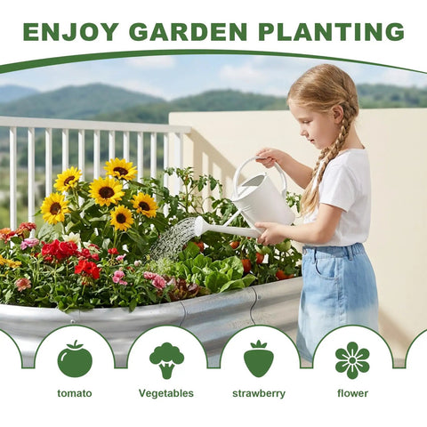 Child watering flowers and plants in Three Pack Galvanized Raised Garden Beds 4x2x1.5 Feet Outdoor Planter Boxes in a yard.