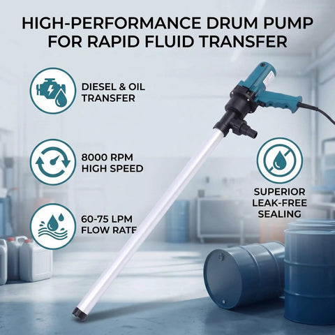 Odorkle 8000RPM Electric Drum Pump With Aluminum Pipe For Oil, Water And Derv Fast Flow Rate Up To 75LPM Versatile Solution For Safe Liquids Us Plug Compatible High Performance Fluid Transfer