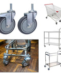 Heavy Duty Caster Wheels With Safety Brake Non Marking Swivel Casters For Heavy Furniture And Office Equipment, shown on carts and racks.