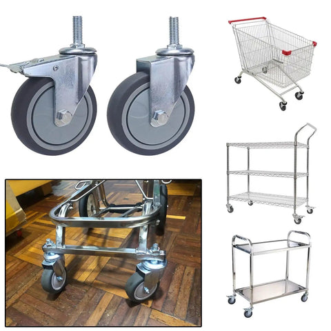 Heavy Duty Caster Wheels With Safety Brake Non Marking Swivel Casters For Heavy Furniture And Office Equipment, shown on carts and racks.