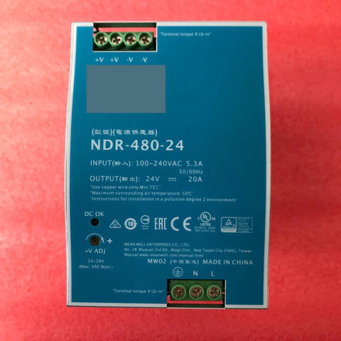 Top Shelf 480W Din Rail Switching Power Supply Pumping Out A Rock Solid Twenty Amps For PLC Controllers And Drive Cabinets, blue metal housing, terminals visible.