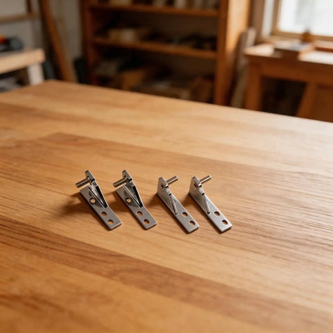 Four adjustable center column refrigerator door hinges with left shaft 0.28 inch diameter, zinc alloy, on wooden surface