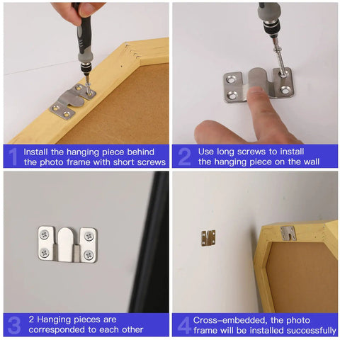Installation steps for Heavy Duty Stainless Steel Picture Hanging Brackets 4 Pairs Interlocking Flush Mount Hooks for photo frames.