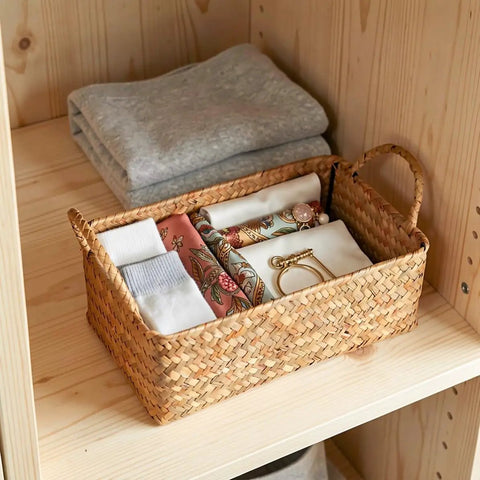 Spacious Open Top Seagrass Woven Storage Basket With Heavy Duty Handles For Kitchen Farmhouse Pantry Bathroom Towels Cosmetics And Hassle Free Daily Organization Goals with folded items inside.
