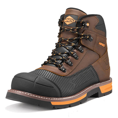 Brown Men's Steel Toe Work Boots with dual layer toe protection and TPU shield, non slip, water and oil resistant, side view.