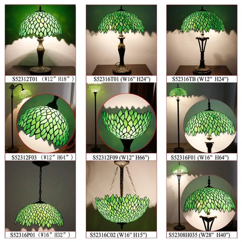 Showpiece Tiffany Style Pendant Light Fixture With Green Wisteria Stained Glass, S523 Series, various sizes and designs