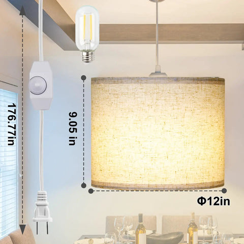 Slick Adjustable Plug In Pendant Light With Authentic Beige Linen Shade, 12in diameter, 9.05in height, featuring a dimmer switch.