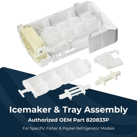 White Refrigerator Ice Maker Assembly 820833P Replacement Kit, components laid out for easy DIY install in household fridges.