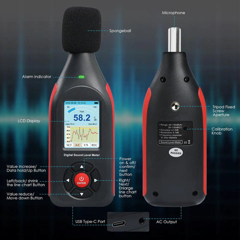 Pro Grade Portable Decibel Meter With Data Logger And 43,000 Record Capacity, 30-130 dB Range, Three Color Alarm Lights, AC Frequency And DC Output, Great For Home, Shop, And Factory Noise Monitoring, front and back view