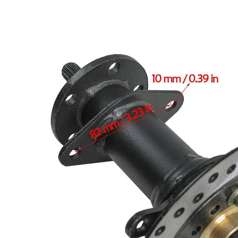 Close-up of Heavy Duty Go Kart Rear Axle Kit, 48V 1000W Electric Drive showing measurements and part of wheel hub brake.