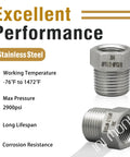 Front and side view: stainless steel reducer hex bushing, 1/2 in male to 3/8 in female NPT, two adapters