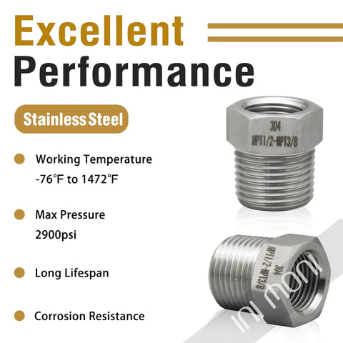 Front and side view: stainless steel reducer hex bushing, 1/2 in male to 3/8 in female NPT, two adapters
