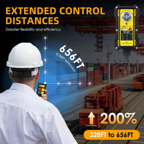Engineer uses 2 In 1 Crane Remote With 656 Ft Wireless Range for industrial crane in shipping yard, showcasing remote's long-distance capability.
