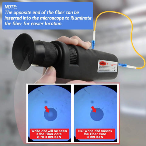 Handheld Fiber Optic Microscope with 400x Magnification, LED Coaxial Illumination, 2.5mm and 1.25mm Adapters in use