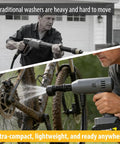 Person using portable handheld cleaning tool with a 6-in-1 nozzle to clean bike outdoors, showcasing lightweight rechargeable sprayer.