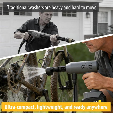 Person using portable handheld cleaning tool with a 6-in-1 nozzle to clean bike outdoors, showcasing lightweight rechargeable sprayer.