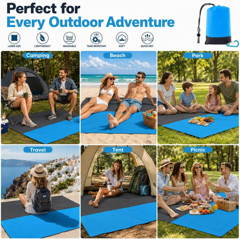 Sandproof Waterproof Beach Blanket, Extra Large 79x55 Inch Outdoor Mat For 1-4 Adults in various outdoor settings, aqua blue color.