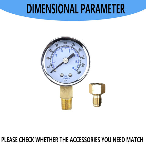 Oil burner pressure gauge with 0-200 PSI range and adapter, featuring a chrome bezel and NPT port for Beckett, Suntec, Webster, Danfoss pumps.