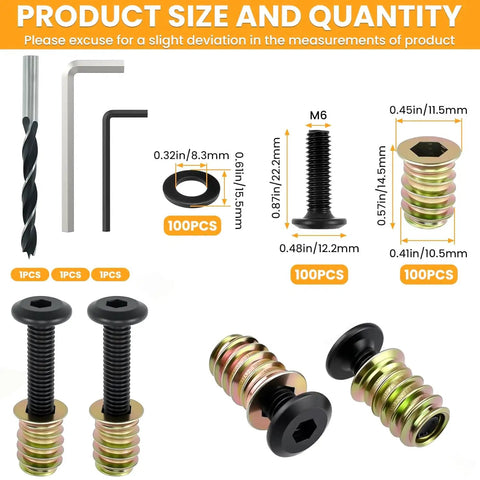 100 Sets M6 Threaded Insert Nuts and Bolts Kit for Wood Hex Socket Furniture Screws 19/32 Inch Inserts with Washers Wrenches Drill Bit
