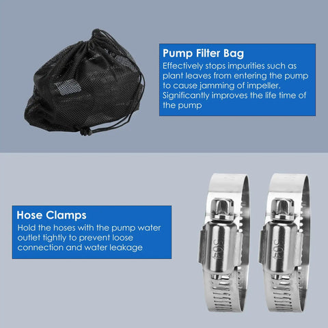 Filter bag and hose clamps included with Beast 1800GPH Submersible Water Pump For Pond, Fountain, Waterfall And Hydroponics UL Certified