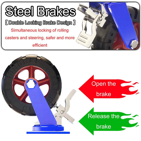 Badass Heavy Duty Industrial Casters Set Of Four Durable Rubber Swivel Wheels With Dual Locking Brakes showcasing steel brake design.