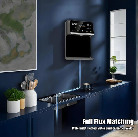 Wall Mounted Instant Hot And Cold Water Dispenser with touch screen, dual temperature control, installed in modern kitchen.