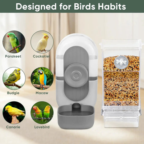 No Drama Spill Proof Bird Water Dispenser And Easy Fill Feeder Tray For Parrot Cages Secure Side Mount with seed container.