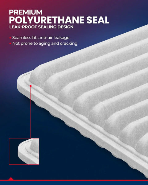 Close-up of Engine Air Filter CA10910 Replacement for Mitsubishi Lancer 2013-2017, focus on polyurethane seal for leak-proof design.