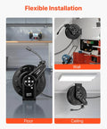 Heavy Duty Pressure Washer Hose Reel 60 Feet By One Quarter Inch Auto Rewind Steel Wall Mount For Car Wash Garden And Floor Cleaning 4000 PSI Max Smooth Retractable Hose Reel With Tangle Free Operation shown mounted on floor, wall, and ceiling