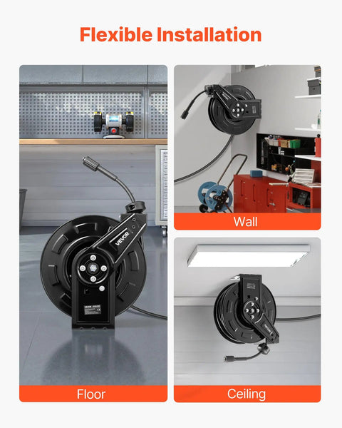 Heavy Duty Pressure Washer Hose Reel 60 Feet By One Quarter Inch Auto Rewind Steel Wall Mount For Car Wash Garden And Floor Cleaning 4000 PSI Max Smooth Retractable Hose Reel With Tangle Free Operation shown mounted on floor, wall, and ceiling