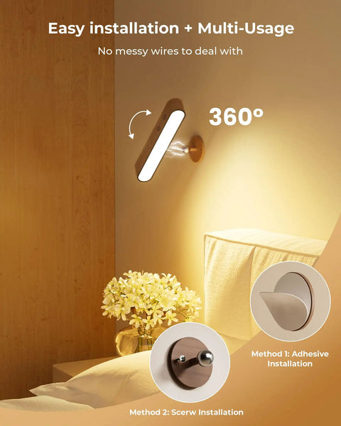 Solid Upgrade Set Of Two Rechargeable Walnut Wood Wall Sconces With Magnetic Mount And Remote Control Featuring 15 Rgb Colors 360 Degree Rotate Dimmable Led Bedside Lamps That Hits Different For Bedroom Decor And Living Room Vibes with 360-degree rotation and two installation methods.